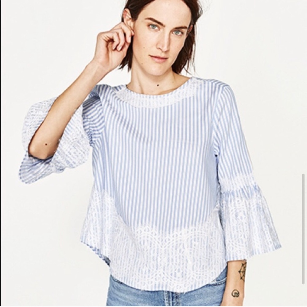 Zara Pinstripe Lace Bell Sleeve Blouse